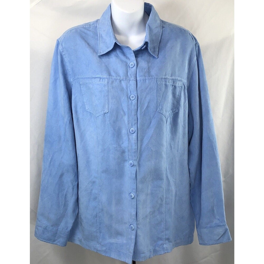 Croft Barrow Micro Suede Shacket Top XL Blue Button Up Pockets Cottage Western